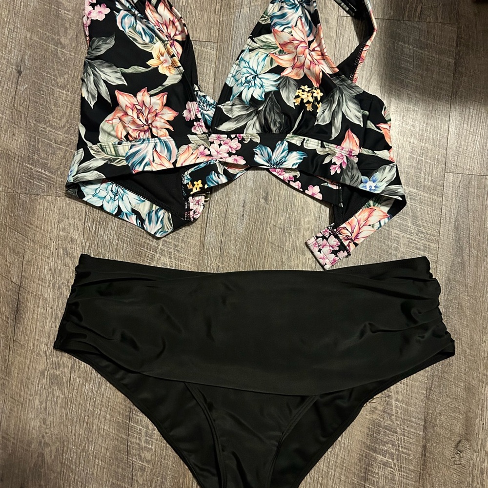 Floral Black Two-Piece Swimsuit